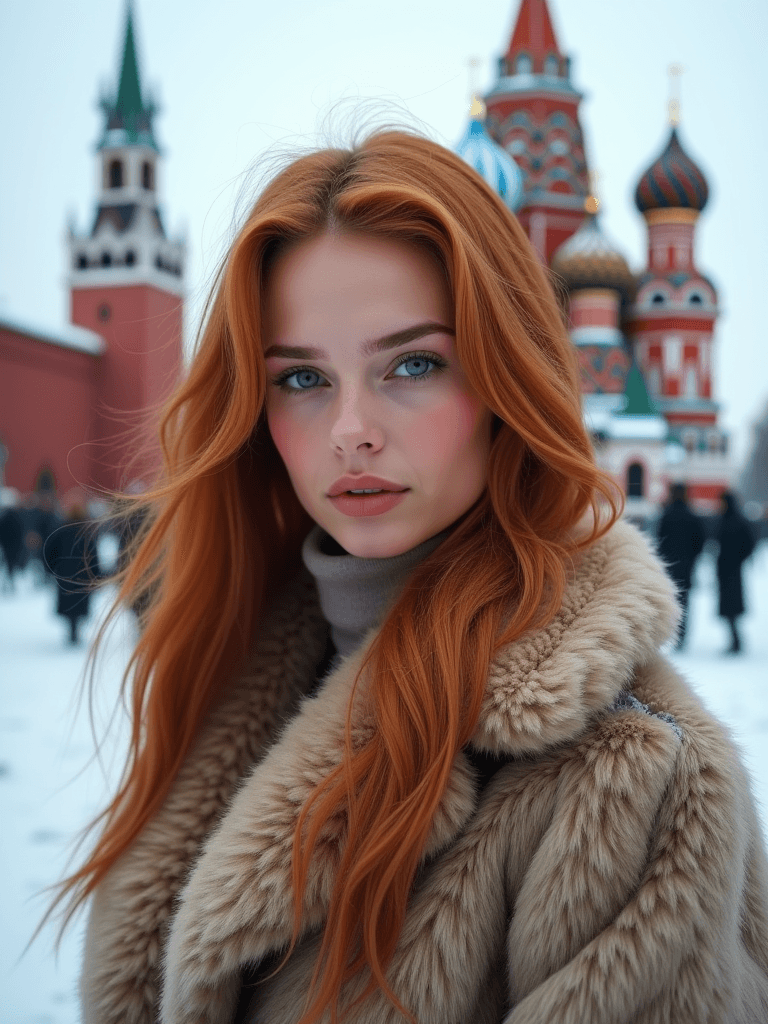 AI generated: A woman with long red hair, wearing a fur coat, standing outdoors in snowy Red Square, Moscow, with ...