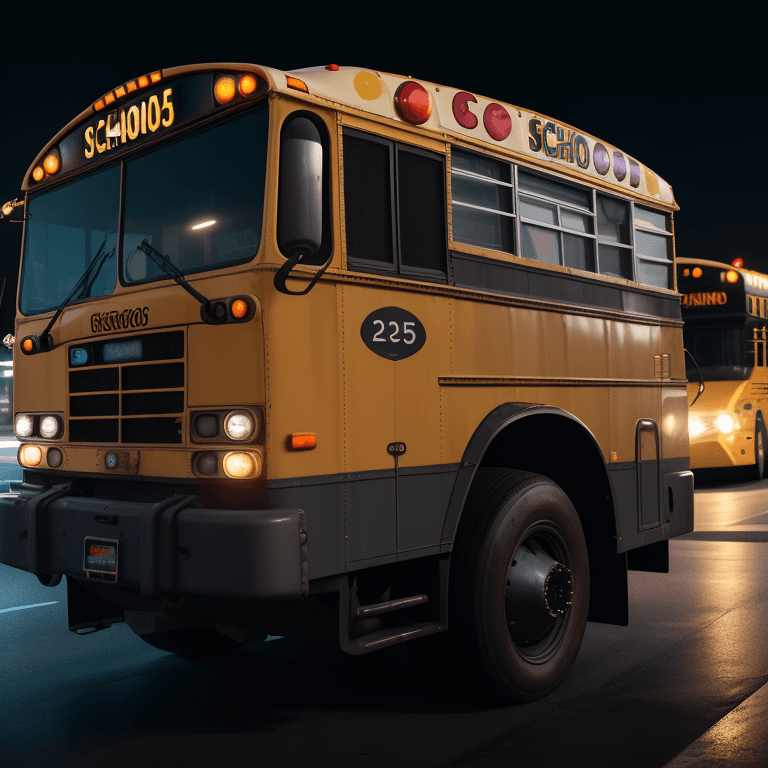 AI generated: side view of a school bus, in a parking lot, by night, captured with a Canon EOS R5, 50mm f/1.2 lens...
