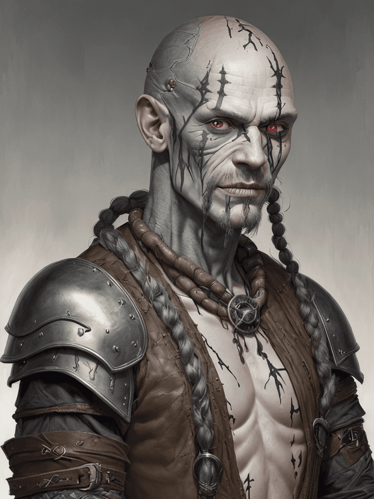 AI generated: ugly one eyed Caucasian man with grey skin, covered in scars, scarring, wearing leather armor, a sin...