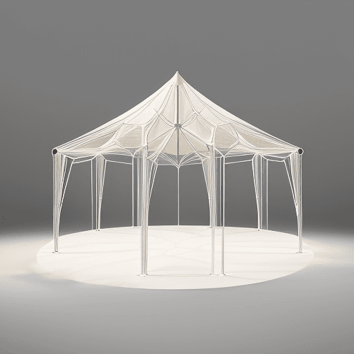 AI generated: "Behold a marvel of design—an egg-shaped tent structure that emanates a soft glow. Crafted from alum...