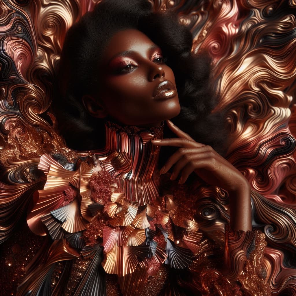 AI generated: Dark skin model wearing Kaleidoscopic apparel, triadic palette, bronze textures, fragmented elegance...