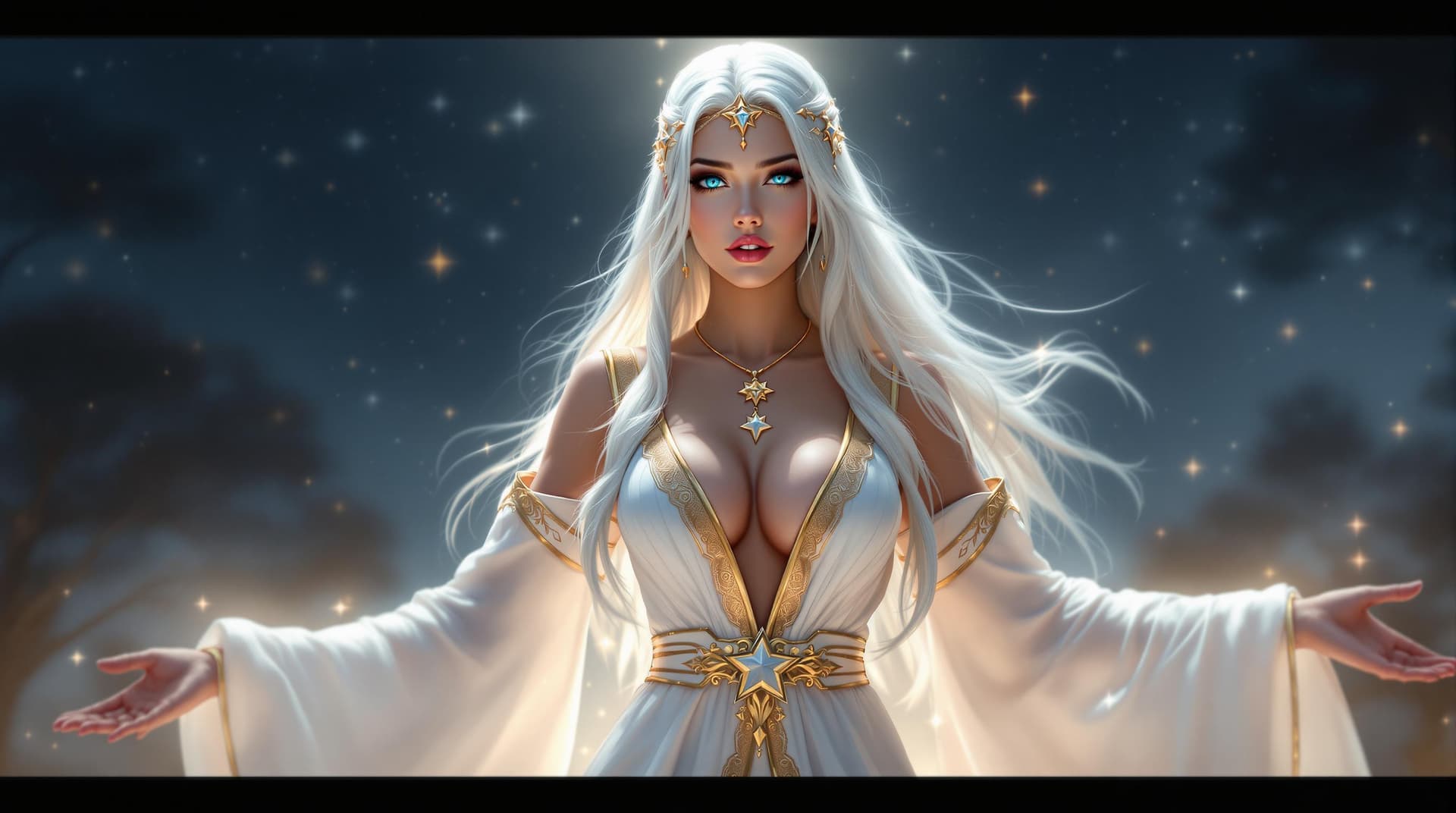 AI generated: a digital artwork of a woman with long, flowing silver hair and piercing blue eyes, wearing a stunni...