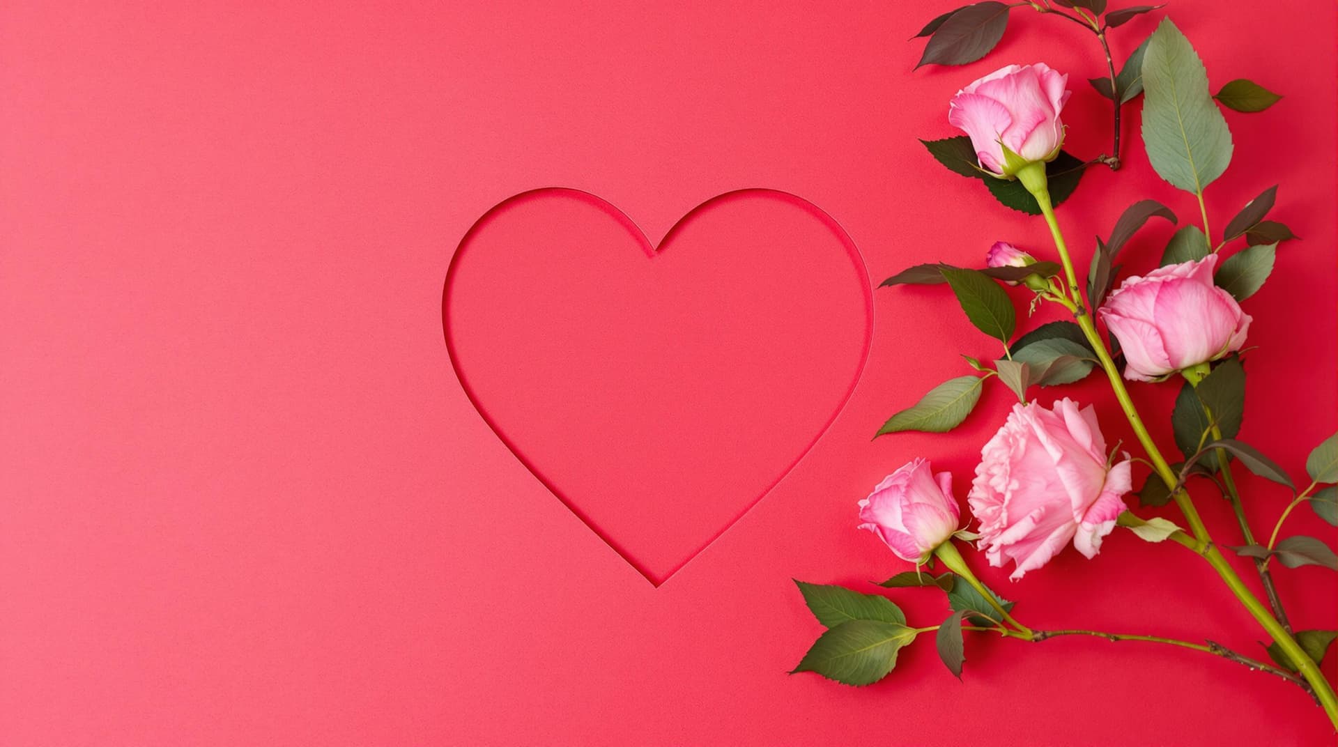 AI generated: Heart-shaped cutout, Red background, Pink roses, Green stems and leaves, Valentine's Day theme, Roma...