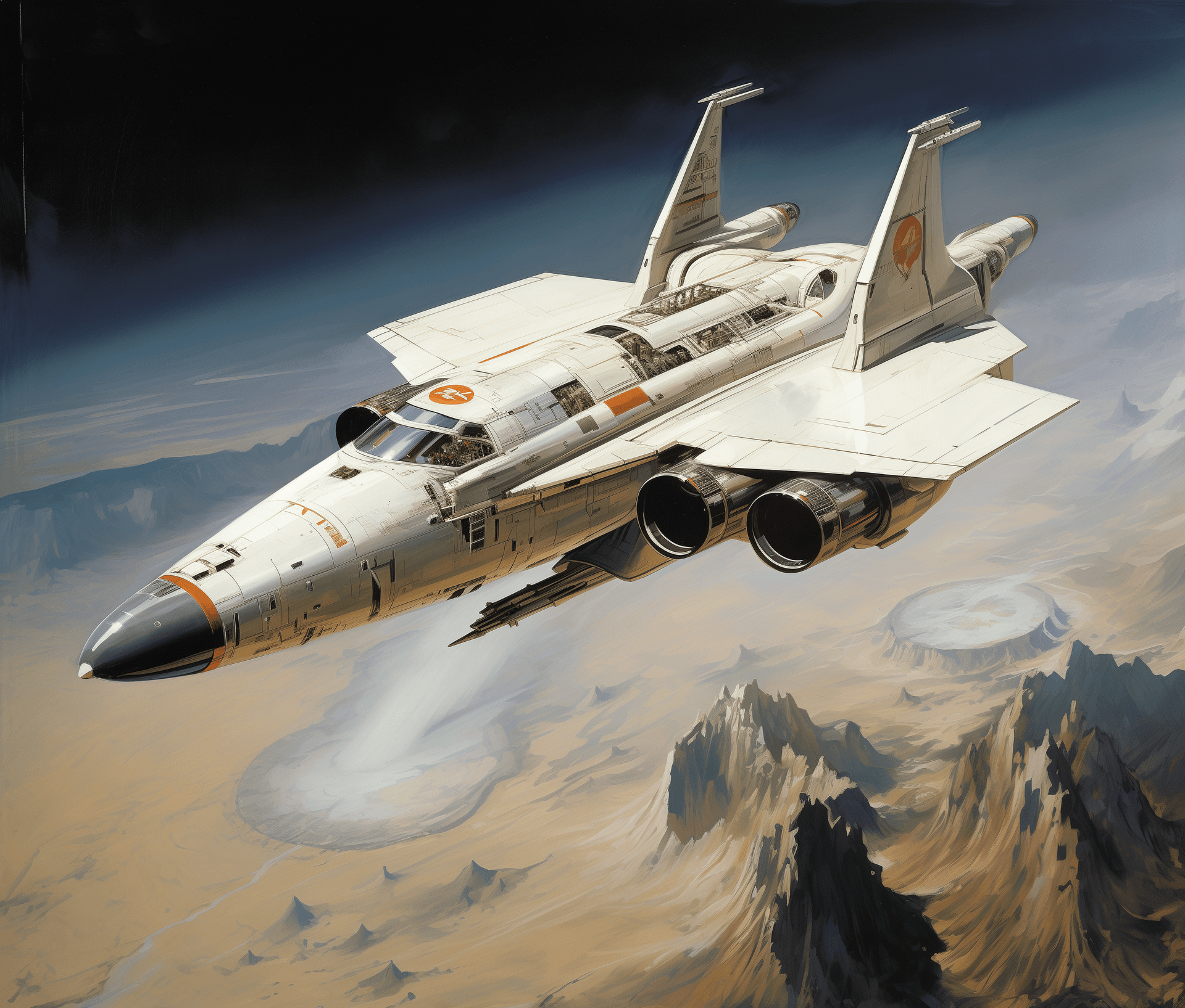 AI generated: A white space shuttle in orbit over Earth, in the style of Noriyoshi Ohrai, Syd Mead, and Robert McG...