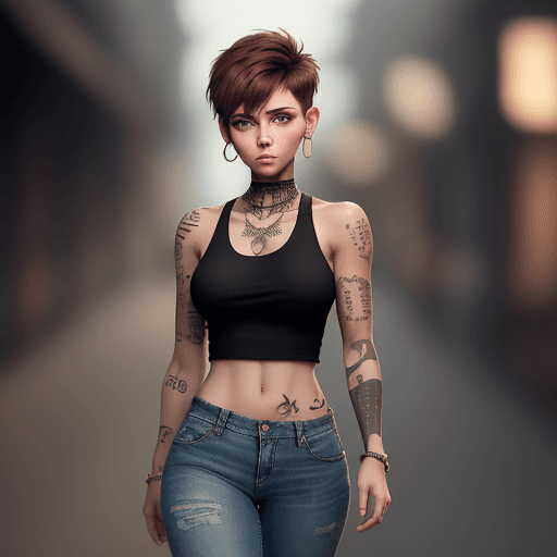 AI generated: A young woman , cute, blushed, short brown hair ((hi-top fade:1.3)) , wearing a slim torn jeans and ...