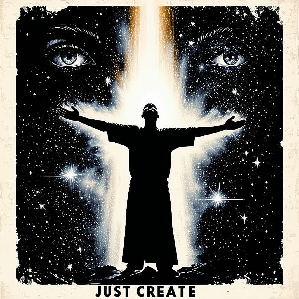 AI generated: A bold cosmic poster art, silhouette of a human floating in space with arms outstretched, glowing au...