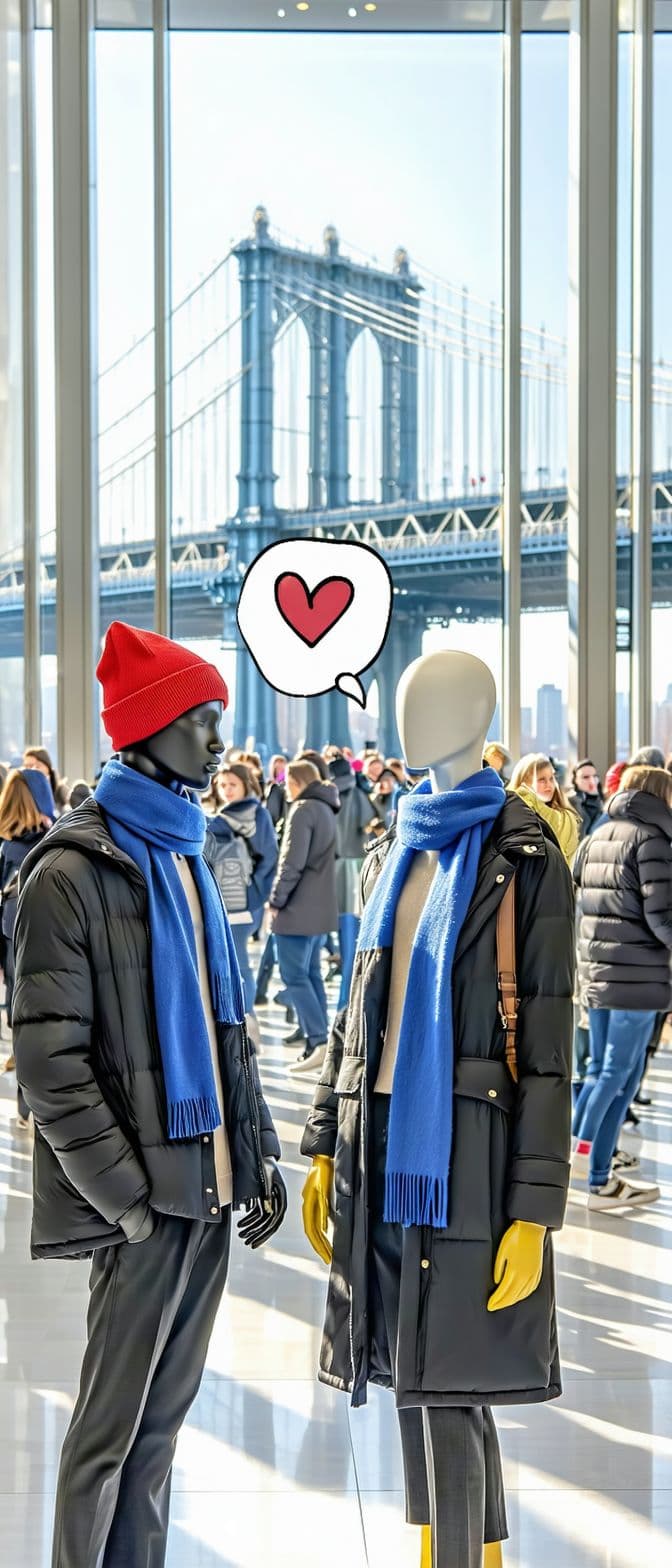 AI generated: A bustling New York department store on a sunny winter morning, with the Brooklyn Bridge visible thr...