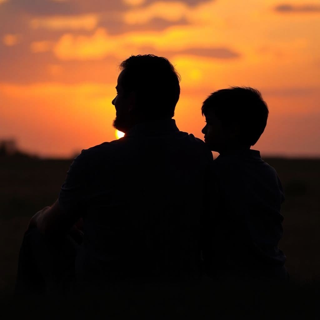 AI generated: Ein fotorealistisches Bild eines Vaters und seines Sohnes, die zusammen bei Sonnenuntergang sitzen. ...
