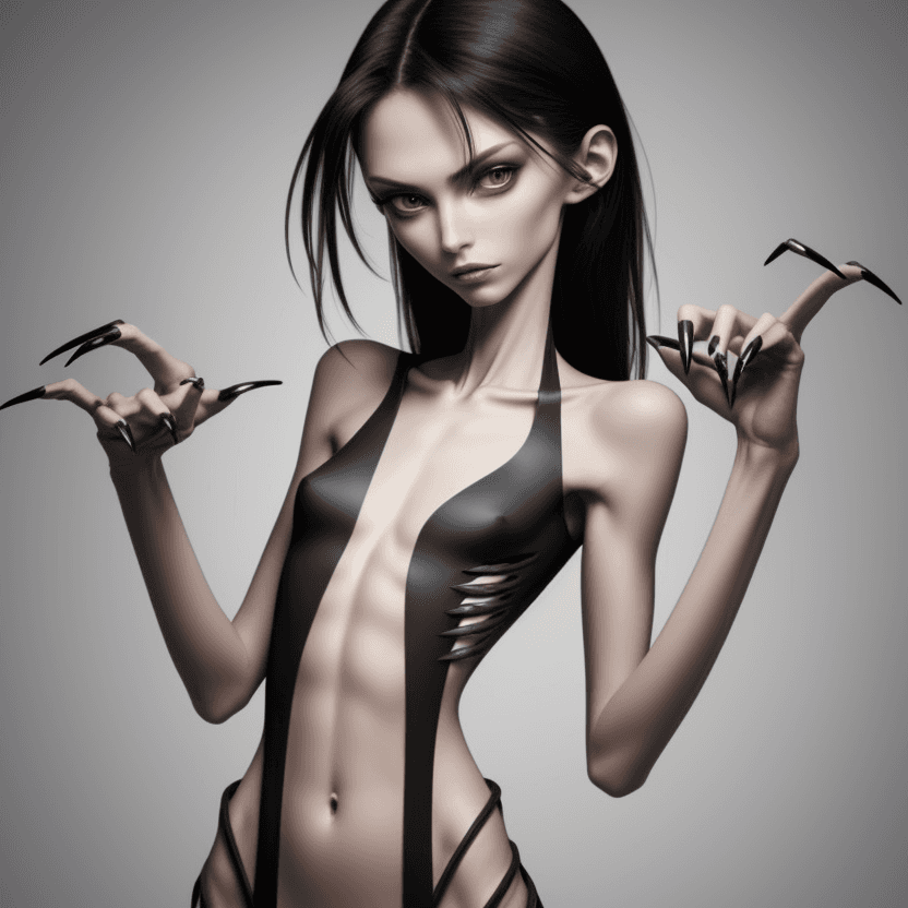 AI generated: photo of face an extremely skinny, flat-chested models with long black curved fingernails, claws,