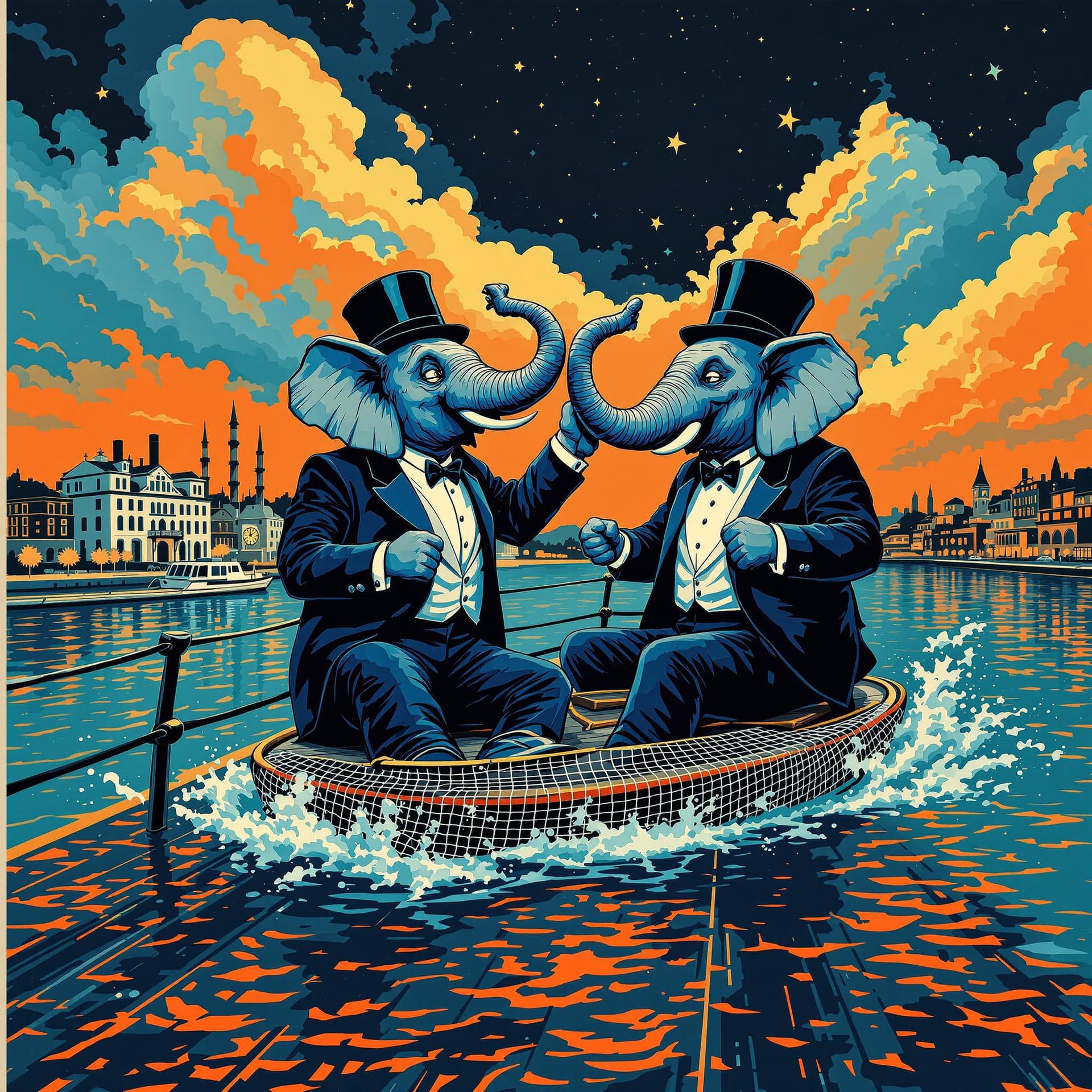 AI generated: Rolling on a riverboat,  Two elephants in tuxedos and top hats dancing on the deck,n the style of th...