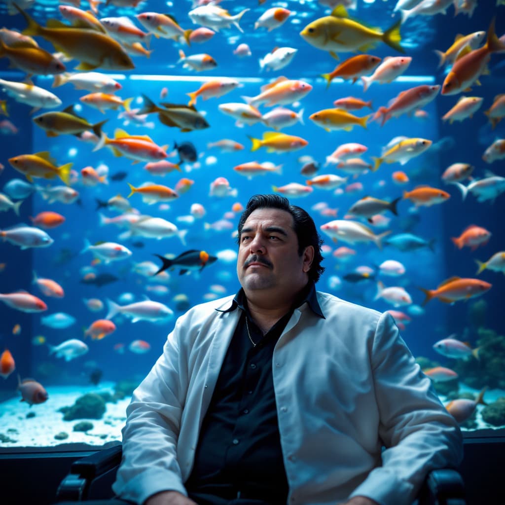 AI generated: 
create a Tony soprano where he sits against the backdrop of a large number of aquariums with a fish...