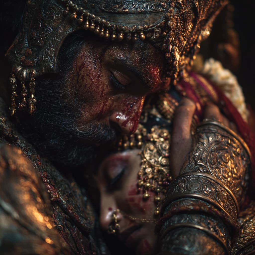AI generated: Hyperrealiatic clarity by Steve McCurry Final embrace of an Indian warrior in indian armor and his w...