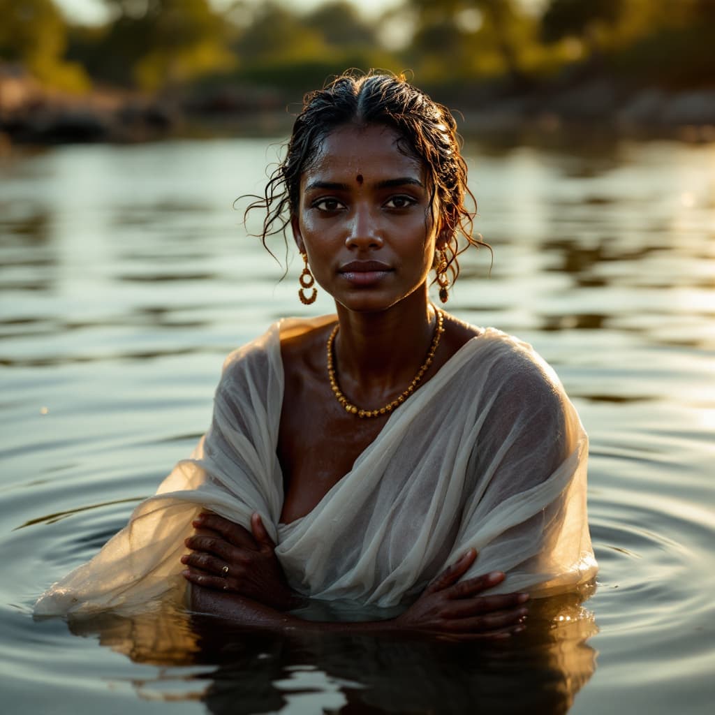 AI generated: Generate a realistic image of an Indian healthy  woman bathing in a river at sunrise. She is wearing...