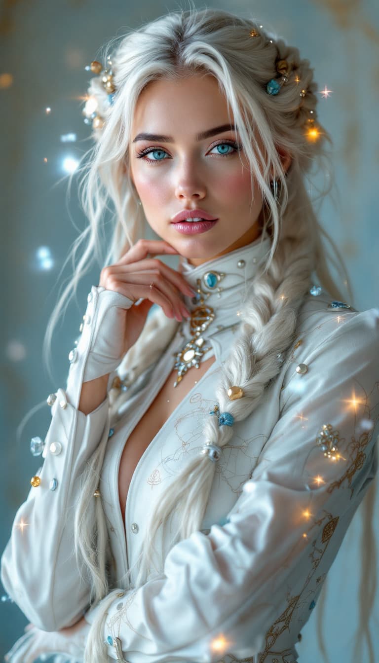 AI generated: An ultra-realistic, full-body portrait of a captivating celestial cartographer woman, radiating divi...