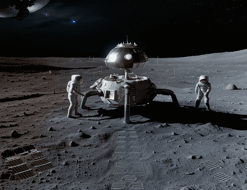 AI generated: partially buried alien spaceship, excavation site on the Moon, astronauts, lunar vehicles, lunar sur...
