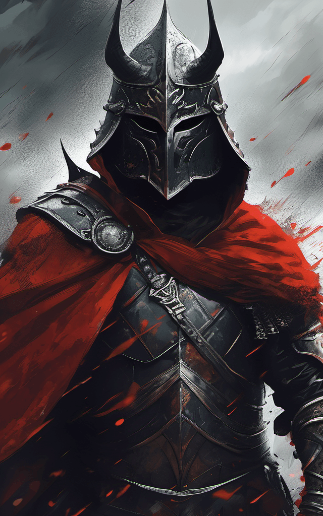 AI generated: medium close up, stunning illustration of a demonic warrior in black medieval armor, masked face, cl...
