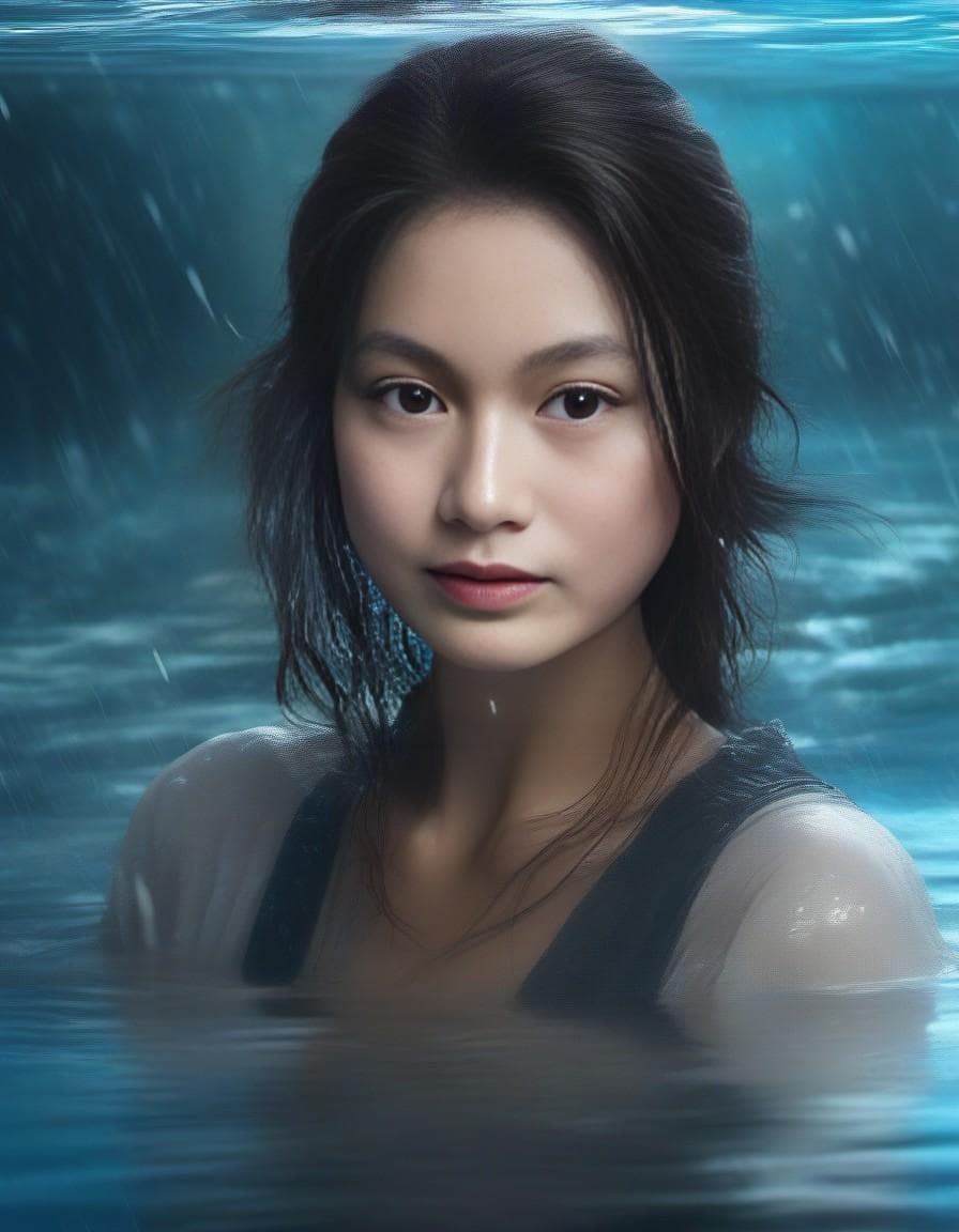 AI generated: the face of woman with beautiful blue eyes, in water, in the style of dystopian realism, realistic p...