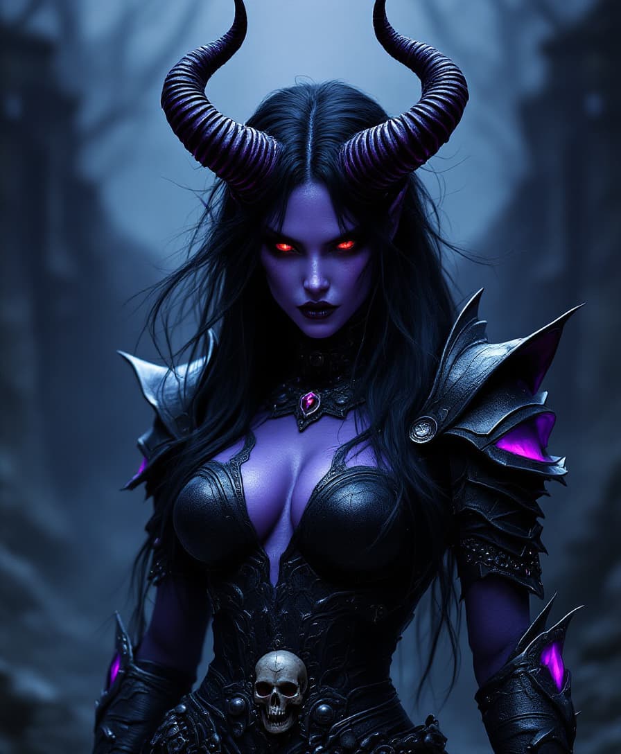 AI generated: a female demoness with full purple skin on her whole body, fierce horns emanating from hes head, pie...