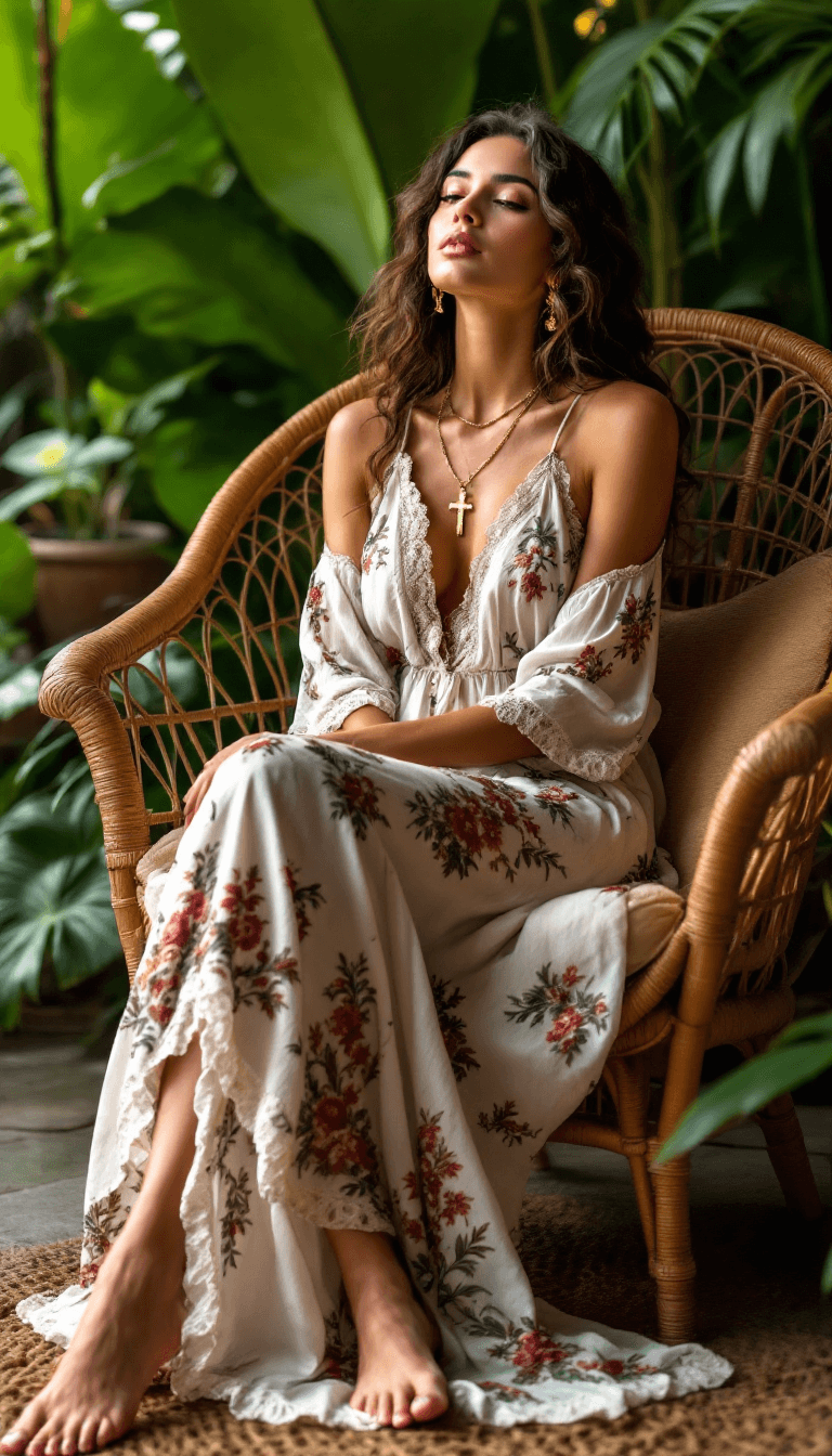 AI generated: Full body view of A Brazilian beauty woman in a bohemian maxi dress with intricate embroidery, baref...