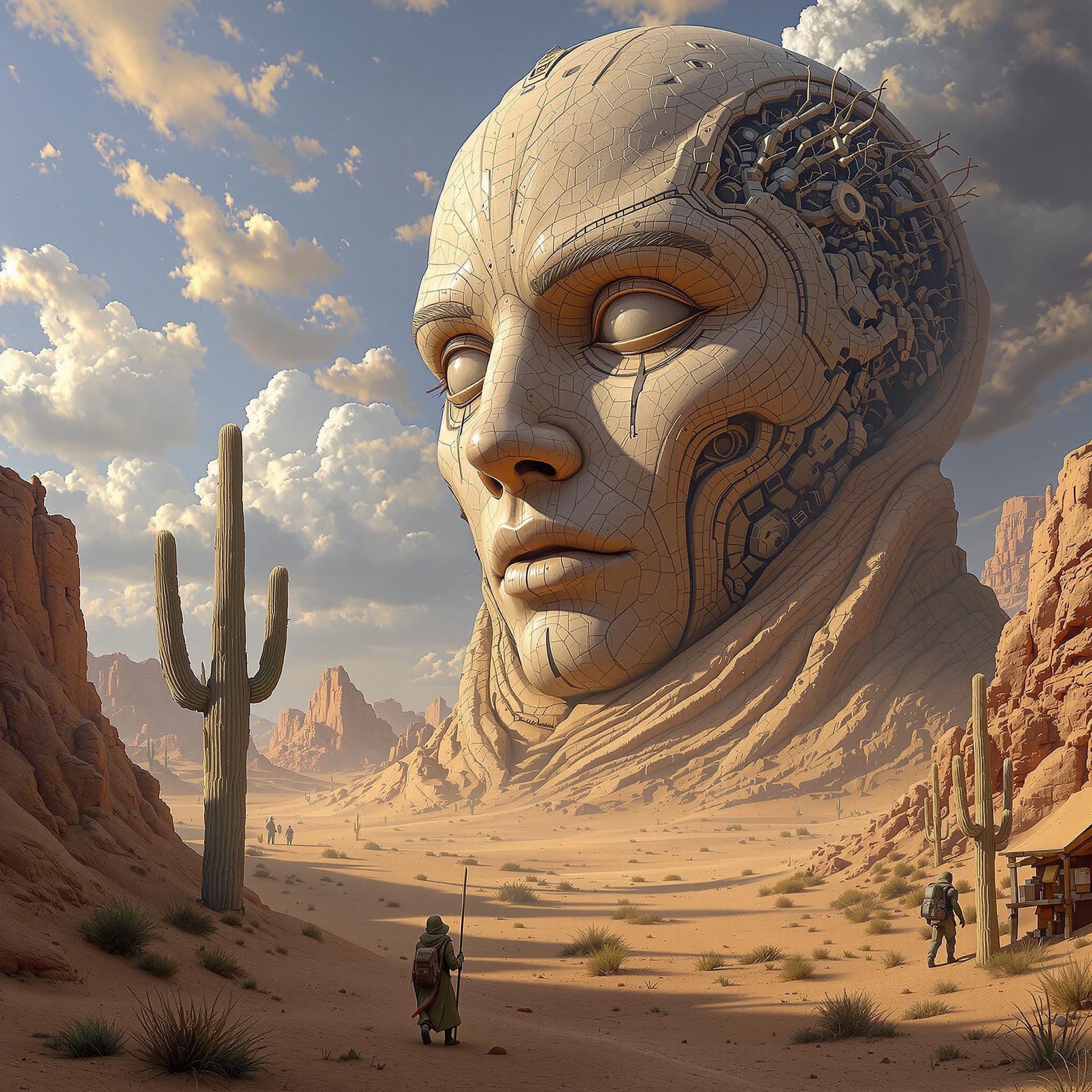 AI generated: large humanoid face with detailed and complex facial in the desert, a fantasy landscape in the style...