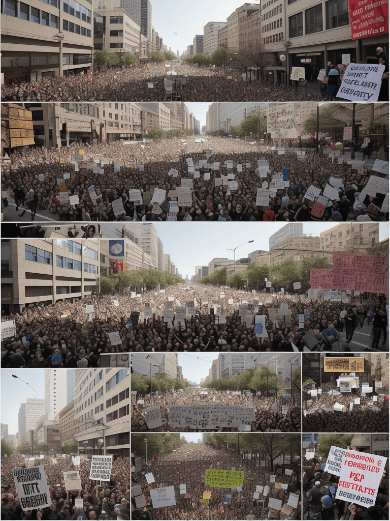 AI generated:  A united group of protesters marching through a city street, their banners and signs raising awaren...