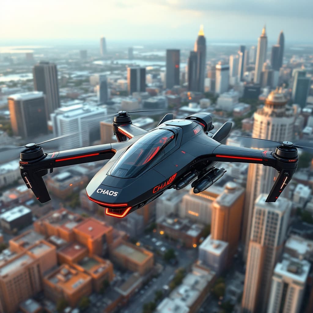 AI generated: Create an image of a futuristic luxury UAV designed for two people. The UAV should have a stealthy a...