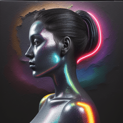 AI generated: Side view of Nofretete, impasto technique with anthracite texture, deep colors, neon effect. The wom...