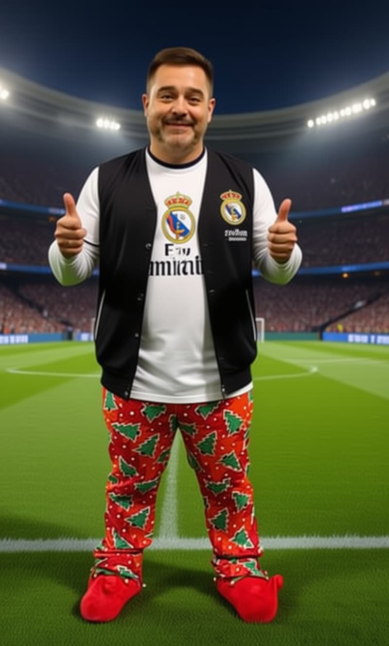 AI generated:  vestido con la camiseta del real madrid y de fondo el Bernabéu