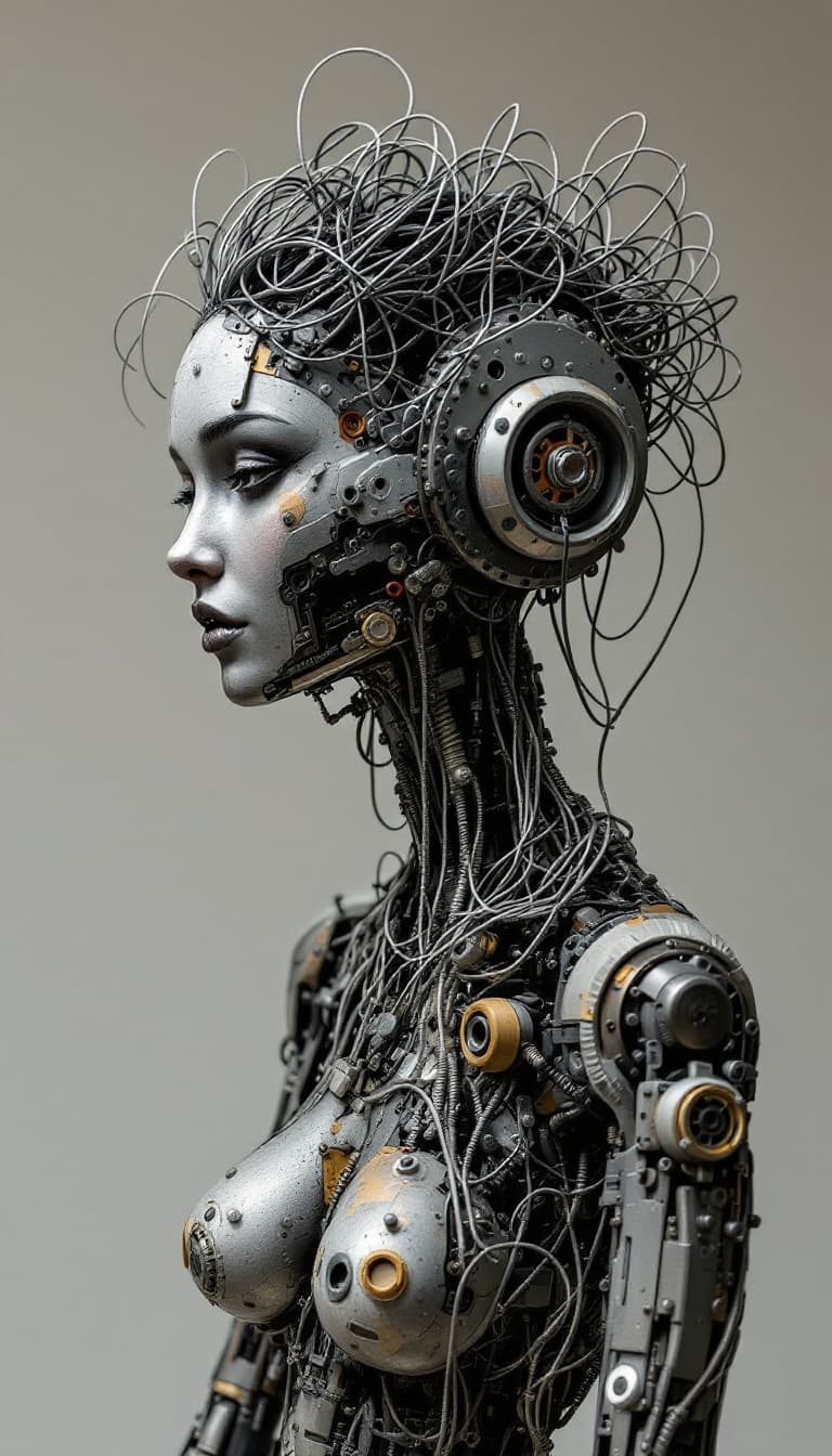 AI generated: (12) A found-object sculpture, influenced by the repurposed creations of Marcel Duchamp, features a ...