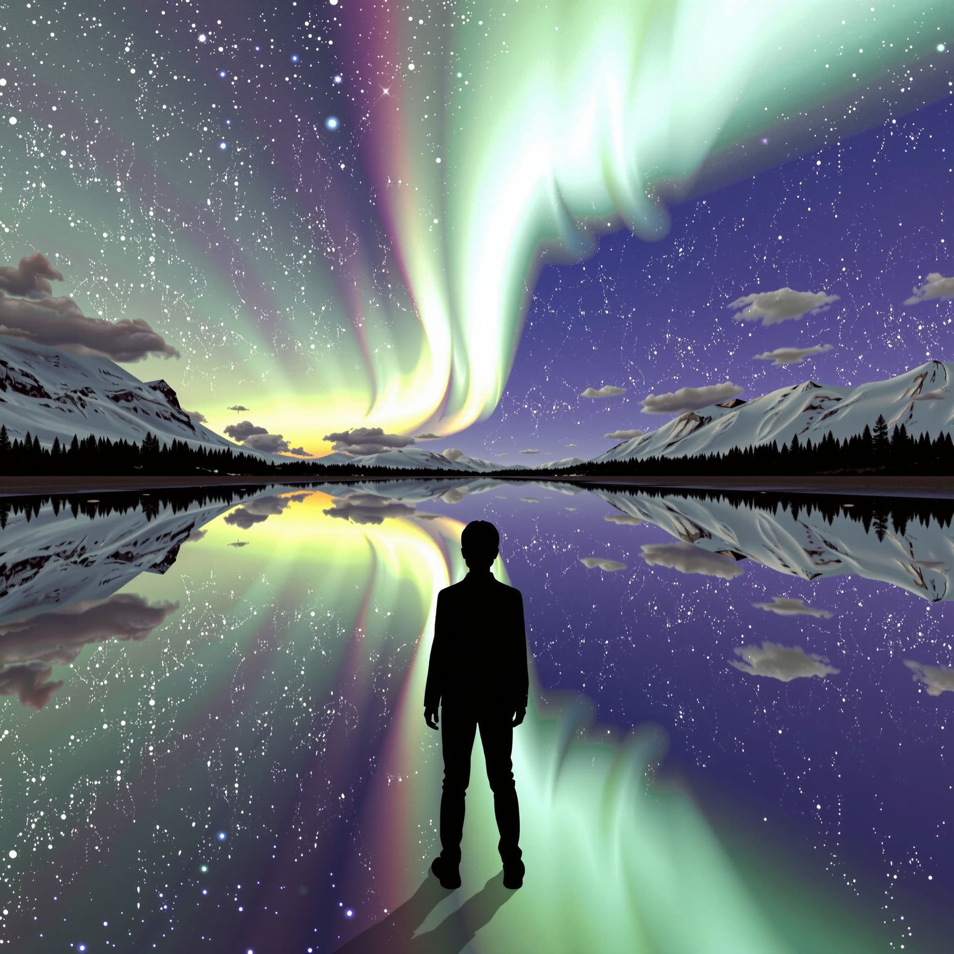 AI generated: "A human silhouette standing before an infinite mirror field under auroras, symbolic and abstract"