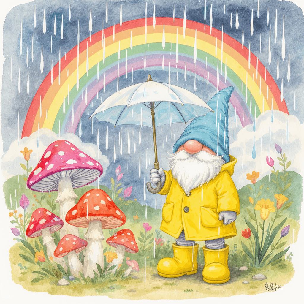 AI generated: A garden gnome in a yellow raincoat and matching boots, holding a tiny umbrella, standing next to co...