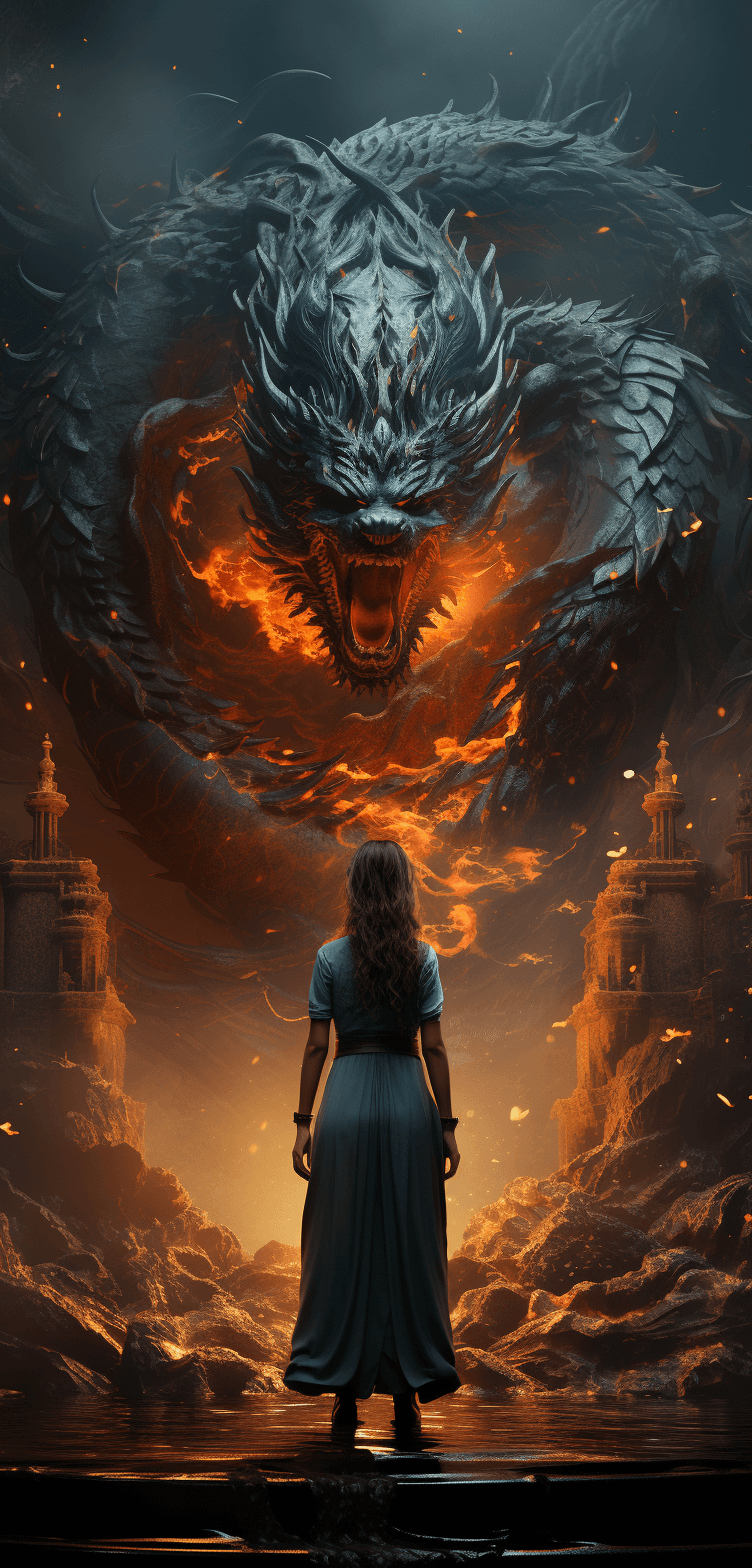 AI generated: a beautiful lady standing in front of a dragon with water pouring, in the style of gongbi, mysteriou...