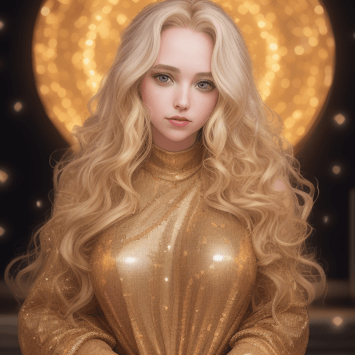 AI generated: a young blonde woman long curly hair, wearing gold sequins in front of lights and stars, in the styl...