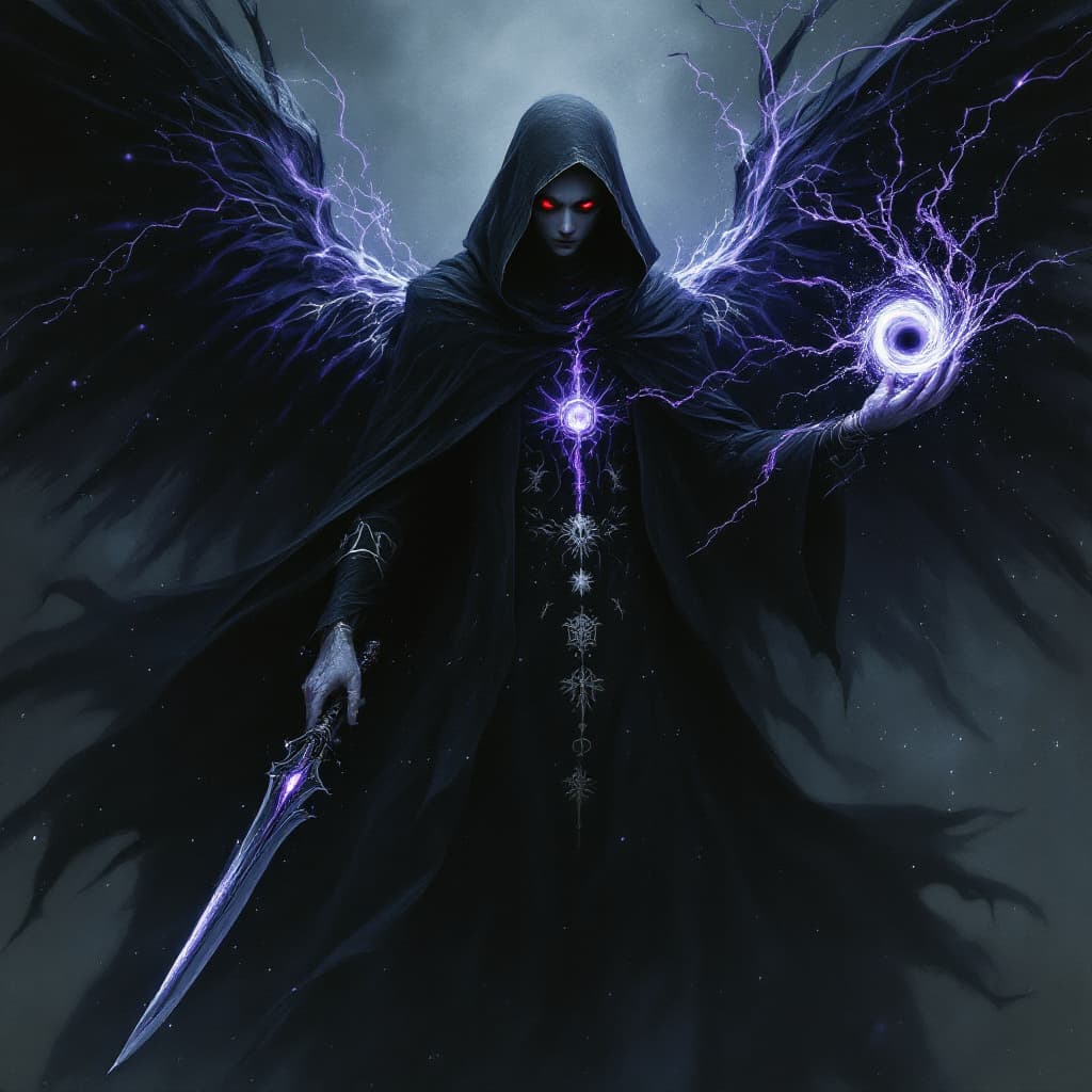 AI generated: "A mysterious figure cloaked in a long, flowing black coat that moves like living shadows, adorned w...