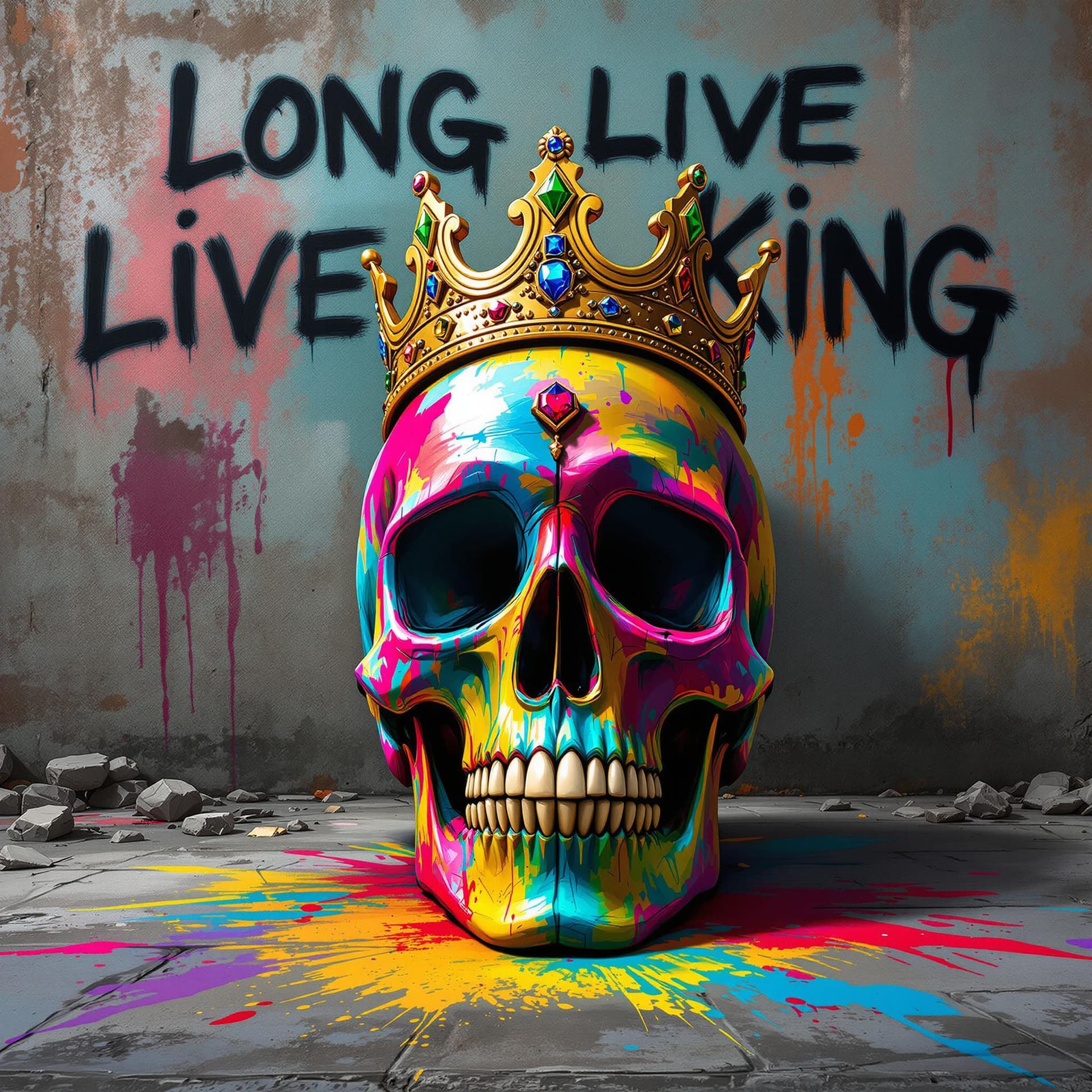 AI generated: MULTI-COLORED SPRAY PAINTED skull with a 5 point gold and jewelled crown on top is on the ground, th...