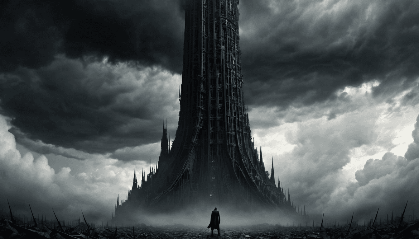 AI generated: digital art, a dark tower reaching into the clouds, ominous, gloomy, dystopian, absurdres, fantastic...