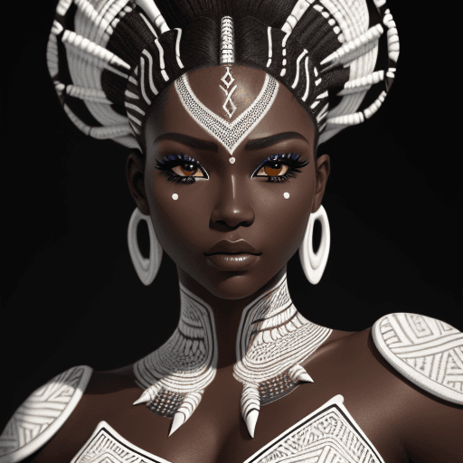 AI generated: intricate closeup shot, masterpiece artwork, black skin-tight body, tribal, suit, white accent, deta...