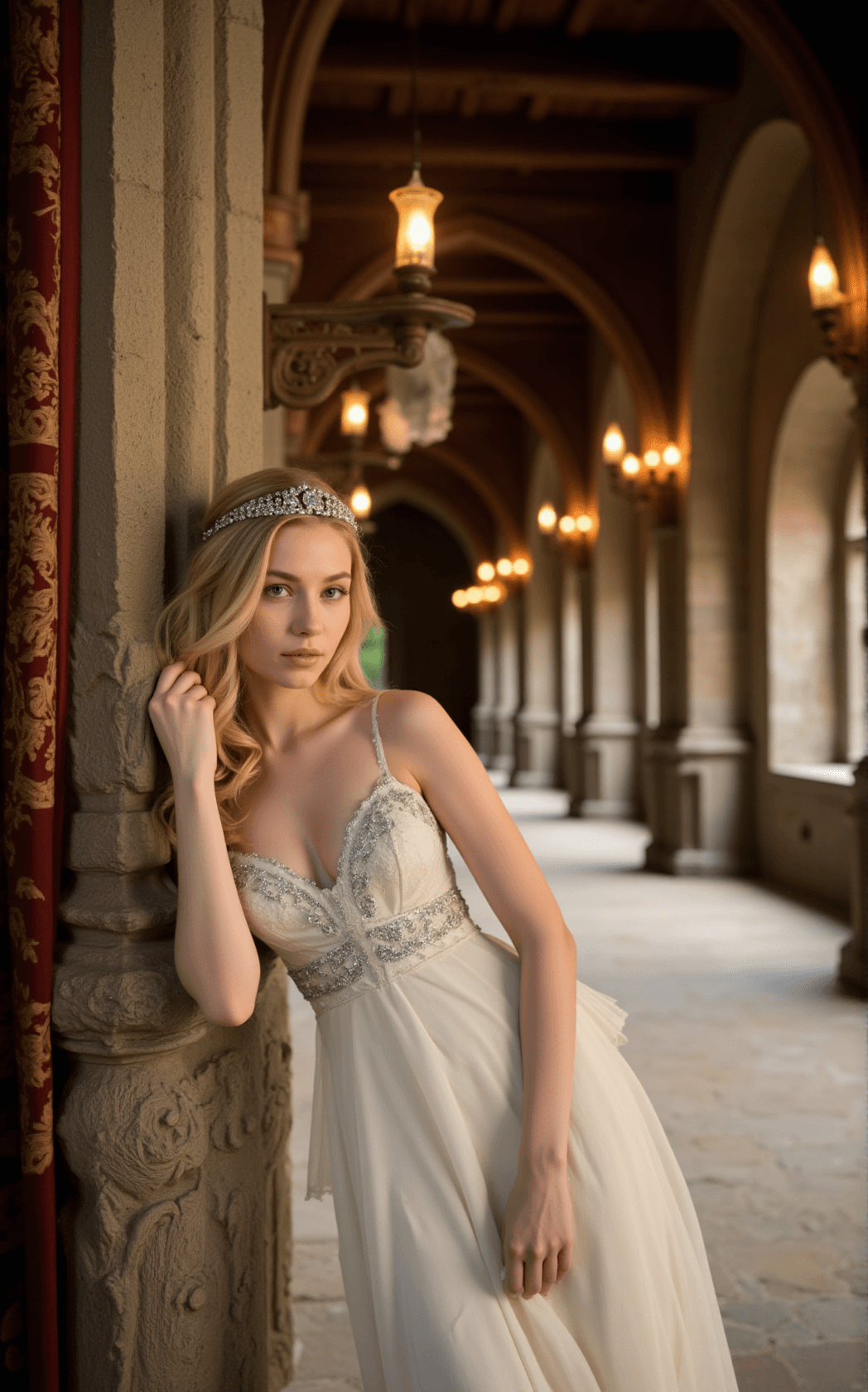 AI generated: In the grand hallway of a medieval castle, a princess stands gracefully by an intricately carved sto...