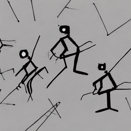 AI generated: many tiny stickmen robots, simple pencil art, 2d, black and white, on white background  --v 4