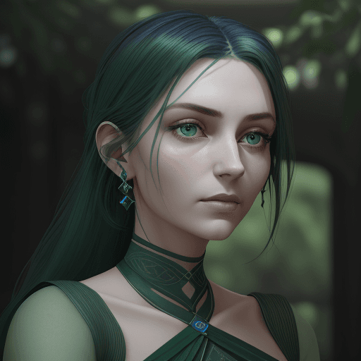 AI generated: the portrait of a woman with green eyes, in the style of unreal engine 5, light indigo and dark gree...
