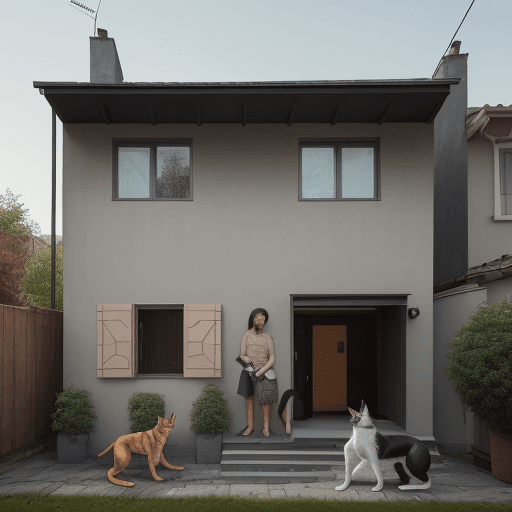 AI generated: house with person in front with a dog and a cat next to them