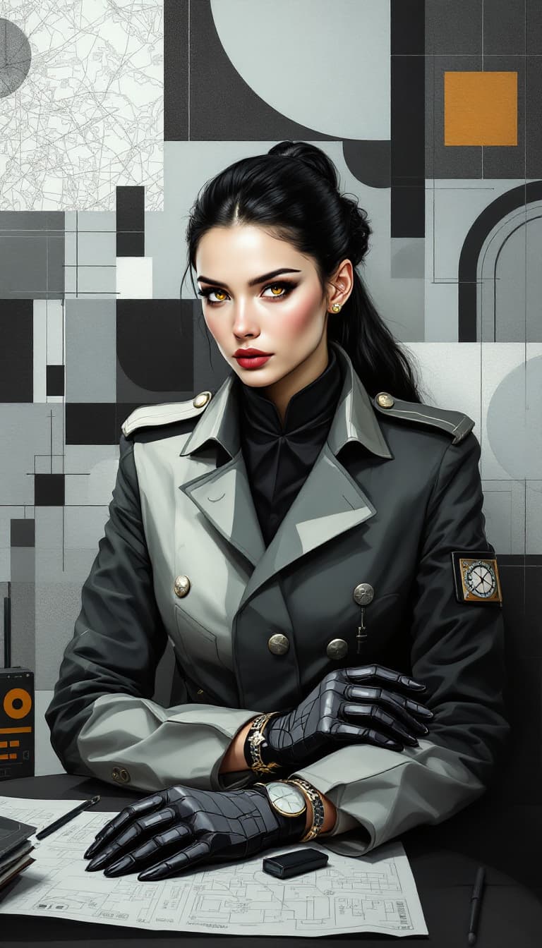 AI generated: "Silvered Strategist in a Geometric Chamber": A powerful abstract painting depicts a strategist, dis...