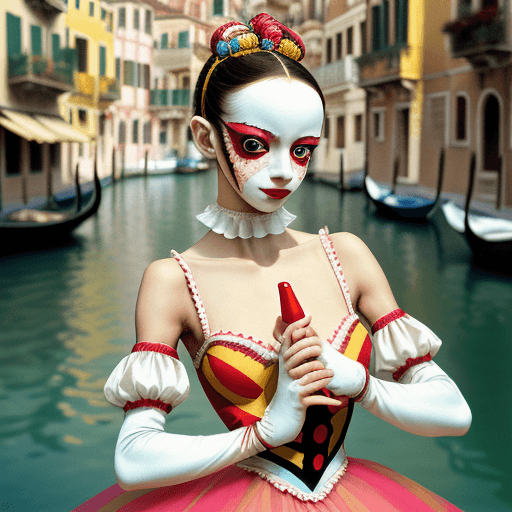 AI generated:  ballerina, woman, attractive, harlequin, handdoll, venetian carnaval, Kodak portra 800, photographi...