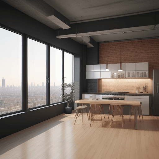 AI generated: modern interior design, minimalist decor, imaginary warehouse style 3d, living room and kitchen, bri...