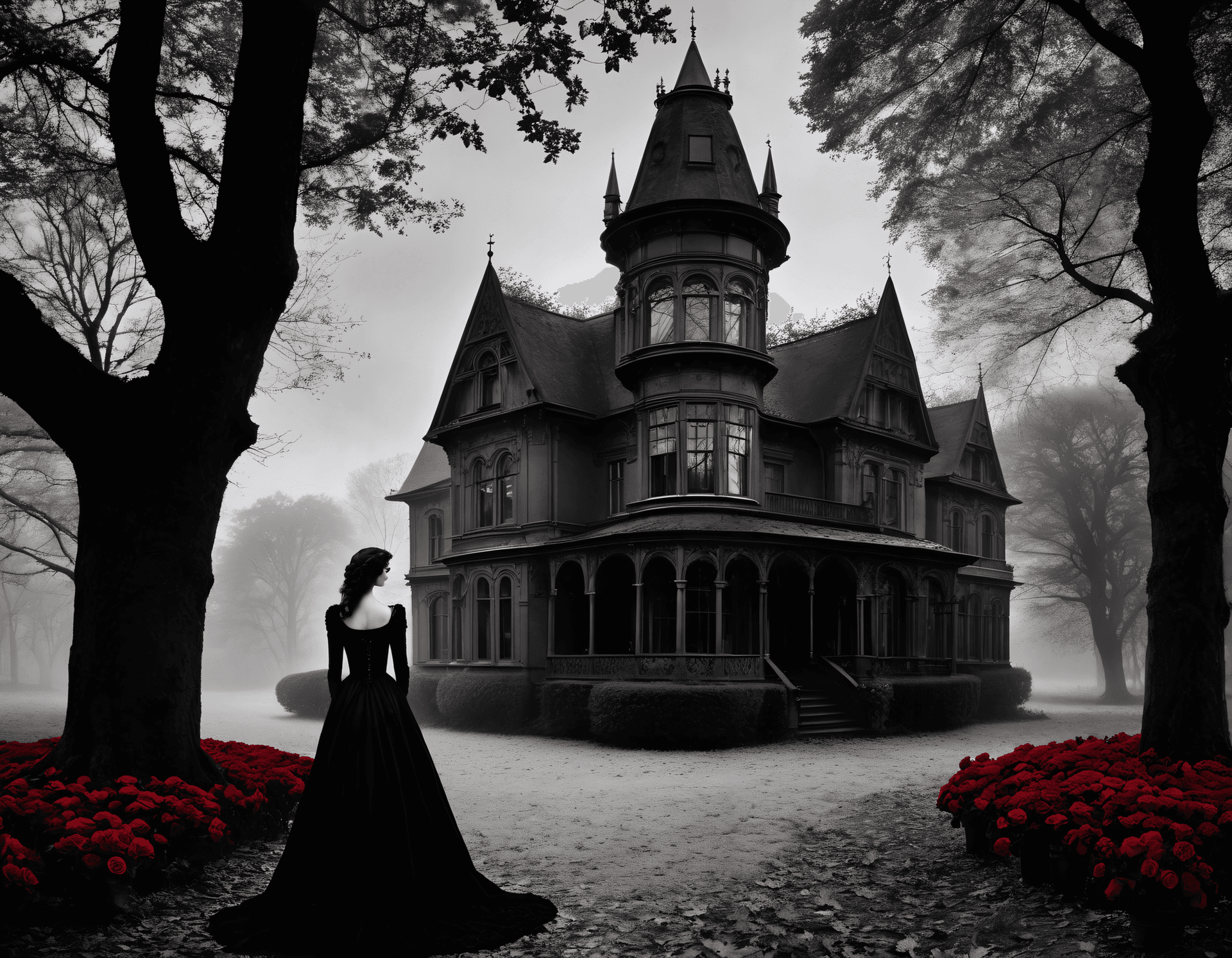 AI generated: B&W Photo , by Adolf Fassbender, black gothic mansion surrounded by leaves, black trees and red rose...