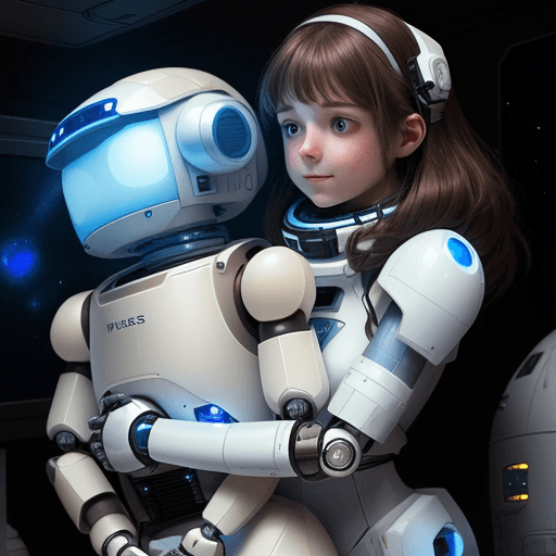 AI generated: a girl with brown hair,  wearing white robotic armor hugging her smal robot friend inside a space st...