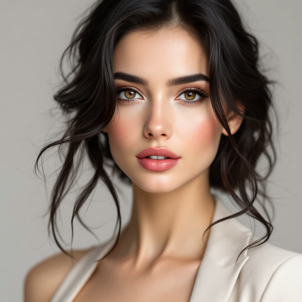 AI generated: woman,28 years old, with a medium height, dark brown expressive eyes, fair and luminous skin, shiny ...
