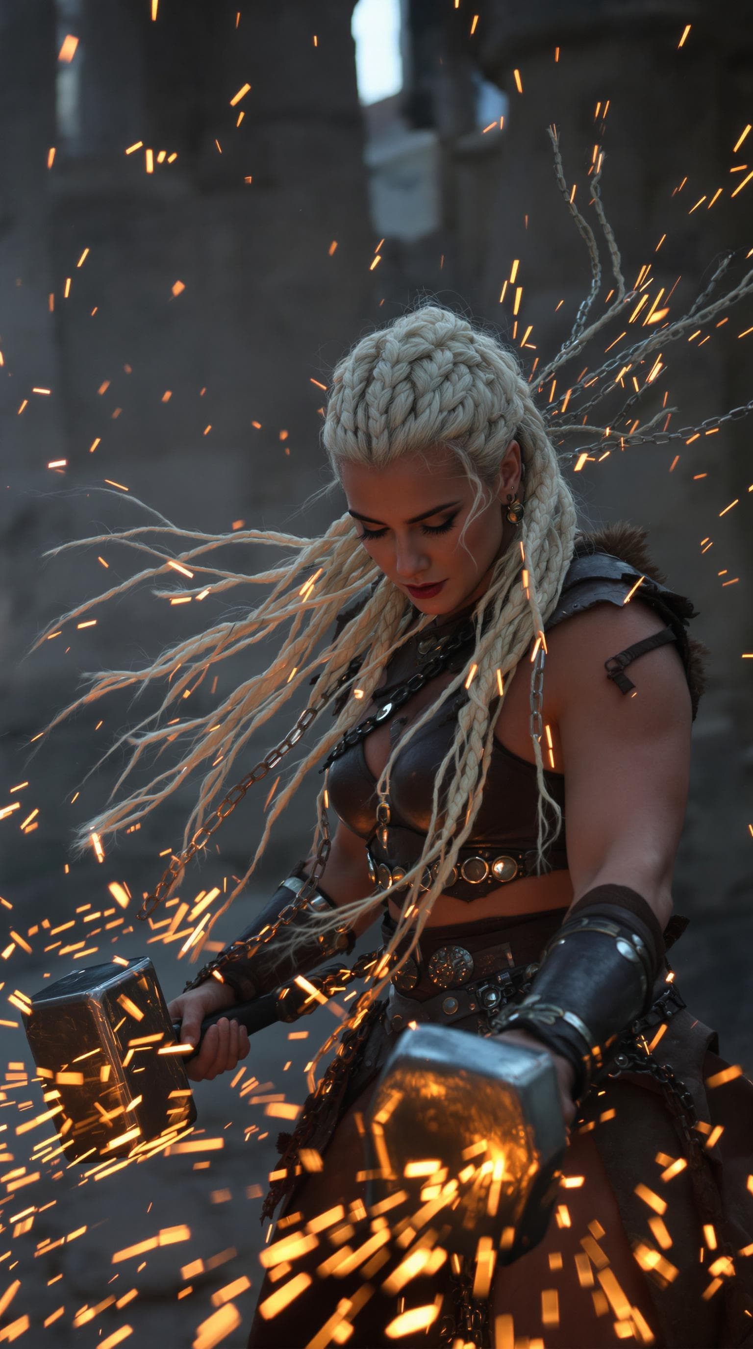 AI generated: Viking woman warrior training with dual meteor hammers, muscular physique, complex platinum braids w...
