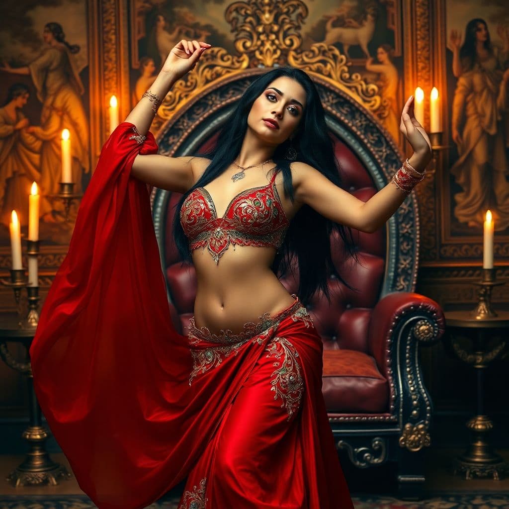 AI generated: A stunning 25-year-old belly dancer arches achingly backwards deep green eyes shining Long dark rave...
