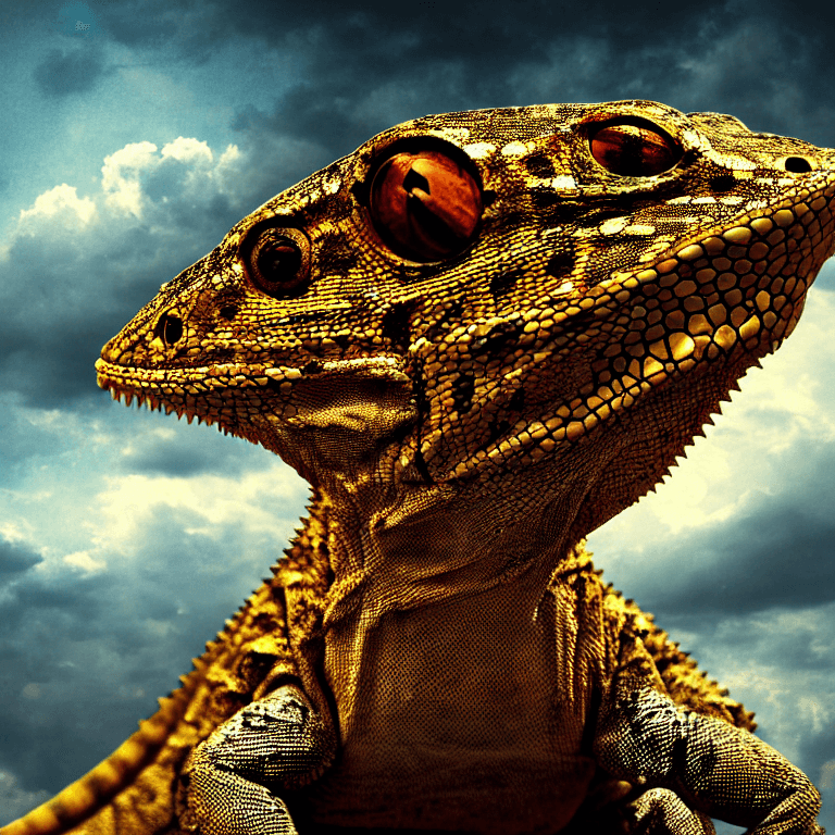 AI generated: One crazy lizard, frontal portrait, hyper realist, Futurist, steampunk, cinematic light, panoramic s...